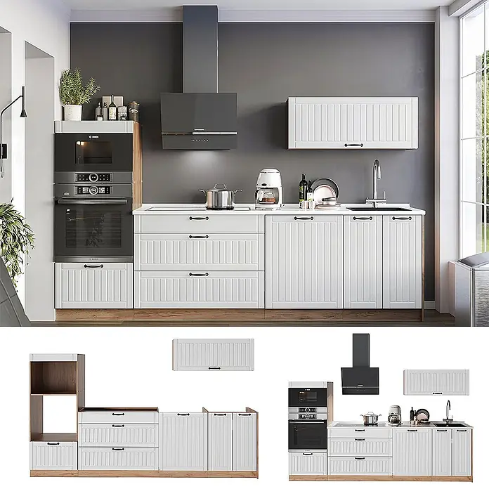 Vicco Küchenzeile - Breite: 280 cm, Weiß Landhaus, Ohne Elektrogeräte - Moderne weiße Küchenzeile mit gerippten Schranktüren, Holzoptik-Sockel, integriertem Backofen, Mikrowelle, Spüle und dunkelgrauer Dunstabzugshaube.