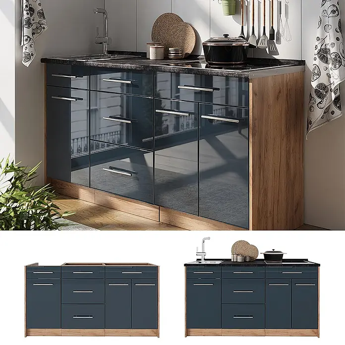 Vicco Küchenleerblock - Breite: 150 cm, Dunkelblau Hochglanz - Dunkelblauer Küchenunterschrank mit Holzoptik-Seiten, Spüle und Kochfeld, in moderner Küche.