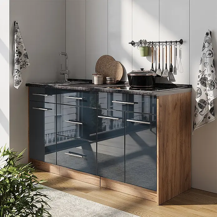 Vicco Küchenleerblock - Breite: 150 cm, Dunkelblau Hochglanz - Kompakte Küchenzeile mit glänzend dunkelblauen Fronten, dunkler Arbeitsplatte, Spüle und Kochfeld, gerahmt von heller Holzoptik.