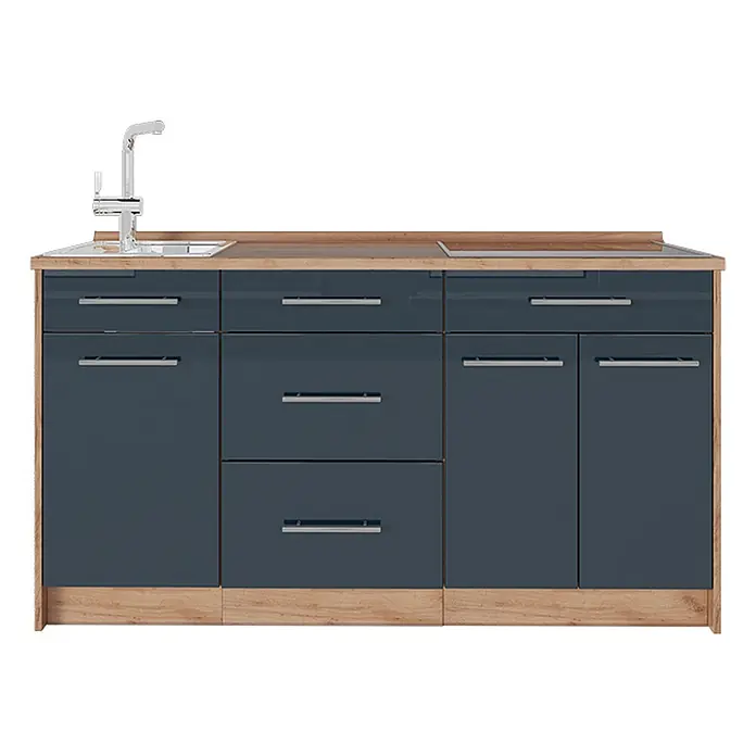 Vicco Küchenleerblock - Breite: 150 cm, Dunkelblau Hochglanz - Moderne Küchenzeile mit glänzend dunkelblauen Schränken, Holzoptik-Arbeitsplatte, integrierter Spüle, Wasserhahn und Kochfeld.