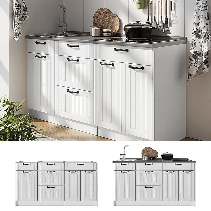 Vicco Küchenleerblock - Breite: 150 cm, Weiß Landhaus - Weißer Küchenschrank-Set mit schwarzen Griffen und grauer Arbeitsplatte, inklusive Spüle und Induktionskochfeld.