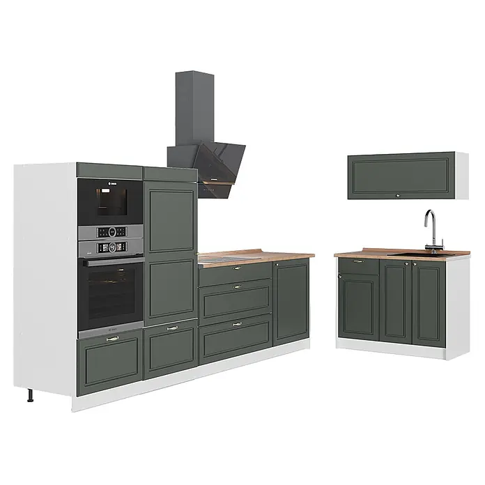 Vicco Küchenzeile - Breite: 380 cm, Grün-Gold Landhaus, Ohne Elektrogeräte - Modulare dunkelgraue Küchenschränke mit hellen Holzplatten, integriertem Backofen, Mikrowelle, Dunstabzugshaube, Spülenunterschrank und Hängeschrank.