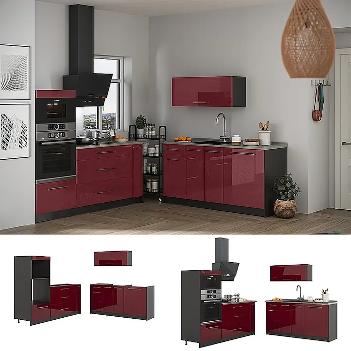 Vicco Küchenzeile - Breite: 340 cm, Bordeaux Hochglanz, Ohne Elektrogeräte - Moderne Küchenzeile mit hochglänzenden weinroten Schränken und dunkelgrauen Sockeln, integrierten Öfen, Spüle und Hängeschrank.