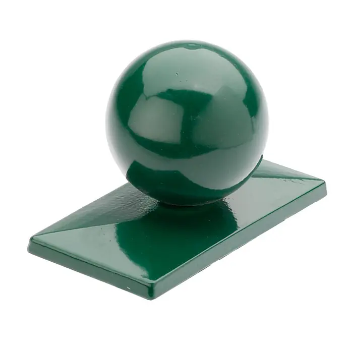 Deutsche Zauntechnik Pfostenkappe Alu Kugel - Aluminium, Passend für: Doppelstabmattenzäune, Moosgrün, 6 x 4 cm - Dunkelgrüne glänzende Kugelzier auf rechteckigem Sockel.