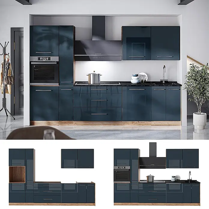 Vicco Küchenzeile - Dunkelblau Hochglanz, Ohne Elektrogeräte - Moderne dunkelblaue Hochglanzküche mit integrierten Geräten und Holzdekor-Sockel in einer Wohnumgebung.