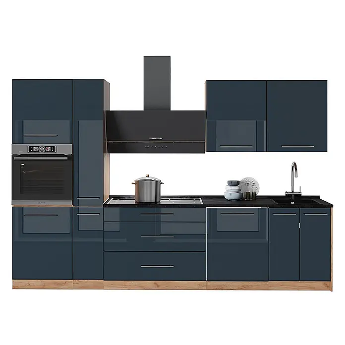 Vicco Küchenzeile - Dunkelblau Hochglanz, Ohne Elektrogeräte - Moderne Küche mit glänzenden dunkelblauen Schränken, schwarzer Arbeitsplatte, integrierten Geräten, Spüle und Holzsockel.