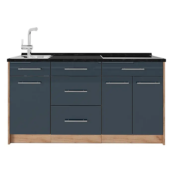 Vicco Küchenleerblock - Dunkelblau Hochglanz - Kompakte dunkelblaue Küchenzeile mit Spüle, Wasserhahn und Kochfeld, glänzenden Schränken und hellen Holzdetails.