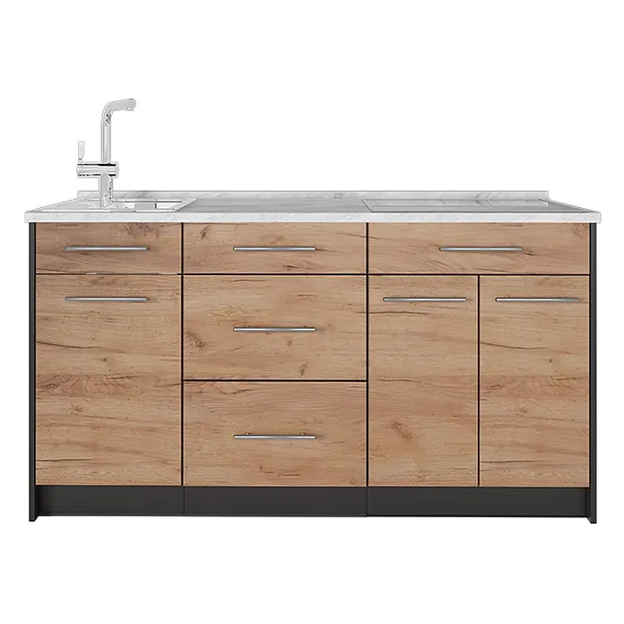 Vicco Küchenleerblock - Breite: 150 cm, Goldkraft Eiche - Küchenzeile in Holzoptik mit weißer Marmor-Arbeitsplatte, Spüle, Chromarmatur und Kochfeld, mit mehreren Schubladen und Schränken.