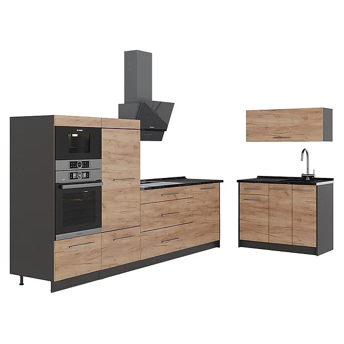 Vicco Küchenzeile - Breite: 380 cm, Goldkraft Eiche, Ohne Elektrogeräte - Modulare Küche mit hellen Holzmaserungsschränken, dunkelgrauen Details, eingebautem Backofen, Mikrowelle, Spüle und Dunstabzugshaube.