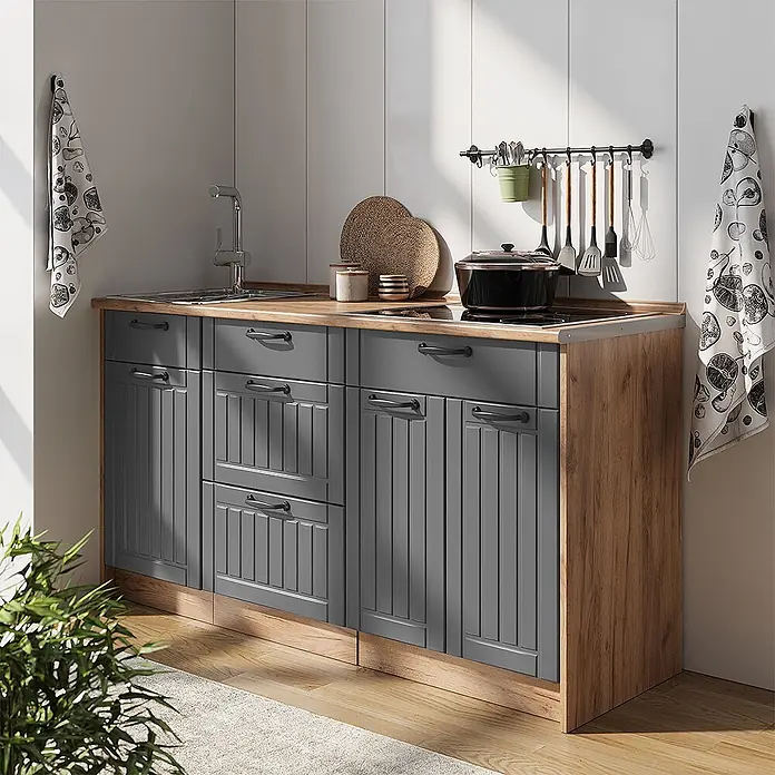 Vicco Küchenleerblock - Breite: 150 cm, Dunkelgrau - Modulküchenzeile mit dunkelgrauen Schranktüren im Shaker-Stil, heller Holzoptik-Arbeitsplatte, Spüle und Kochfeld. Mit schwarzen Griffen.