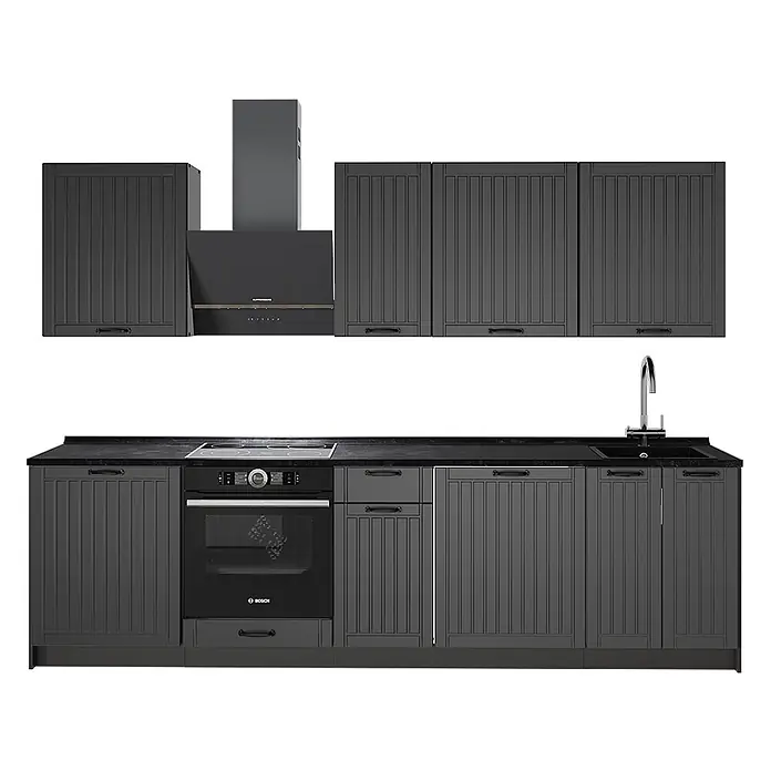 Vicco Küchenzeile - Breite: 280 cm, Dunkelgrau, Ohne Elektrogeräte - Dunkelgraue Küchenzeile mit gerillten Schranktüren, integriertem Backofen, Kochfeld, Spüle und Dunstabzugshaube.