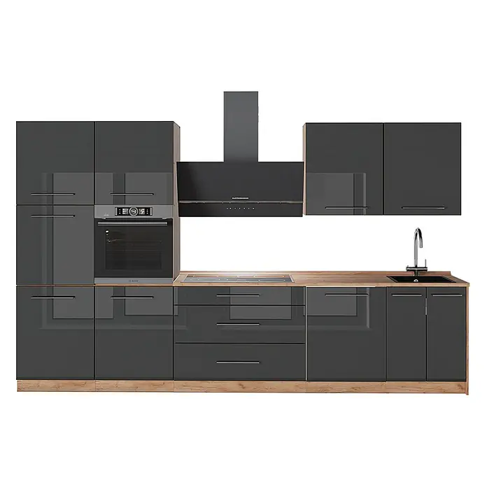 Vicco Küchenzeile - Anthrazit Hochglanz, Ohne Elektrogeräte - Moderne dunkelgraue Hochglanzküche mit Holzoptik-Arbeitsplatte, integriertem Backofen, Kochfeld, Dunstabzug und Spüle.