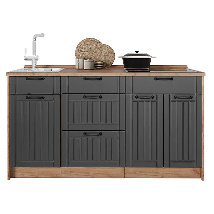 Vicco Küchenleerblock - Breite: 150 cm, Dunkelgrau - Dunkelgraue Küchenzeile mit Holzplatte, Spüle, Wasserhahn und Kochfeld. Schubladen und Türen mit schwarzen Griffen.
