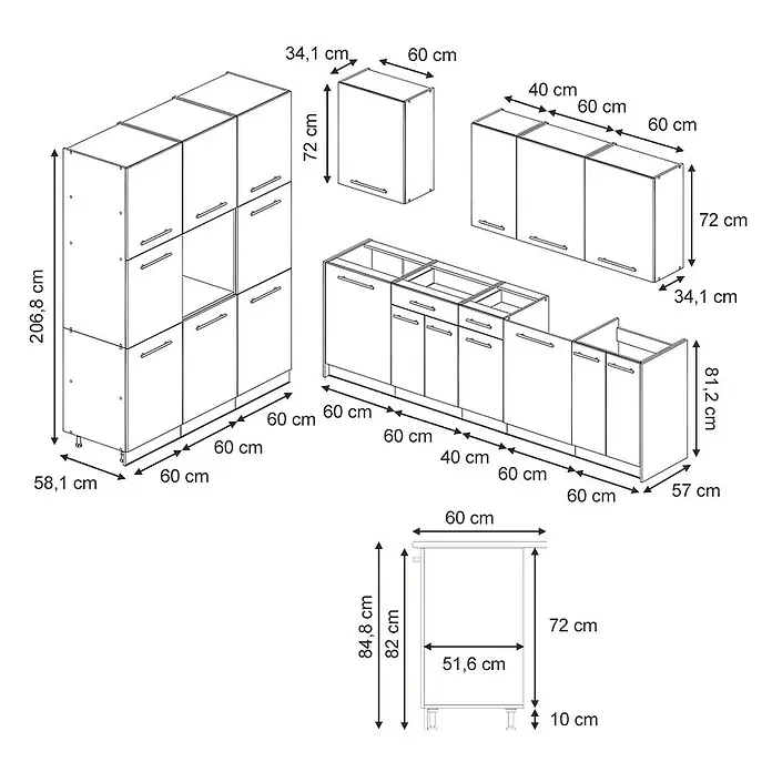 Vicco Küchenzeile - Breite: 460 cm, Grün-Gold Landhaus, Ohne Elektrogeräte - Modulares Küchenschranksystem mit verschiedenen Unter-, Ober- und Hochschränken, detailliert bemaßt für die Montage.