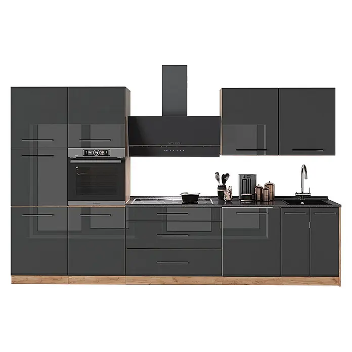 Vicco Küchenzeile - Anthrazit Hochglanz, Ohne Elektrogeräte - Moderne dunkelgraue Hochglanzküche mit integriertem Backofen, Kochfeld, Spüle und Dunstabzug, mit Holzsockel.