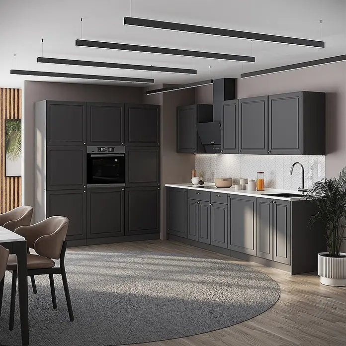 Vicco Küchenzeile - Breite: 460 cm, Anthrazit-Gold Landhaus, Ohne Elektrogeräte - Moderne dunkelgraue Küche mit eleganten Schränken, weißer Arbeitsplatte und modernen linearen Pendelleuchten.