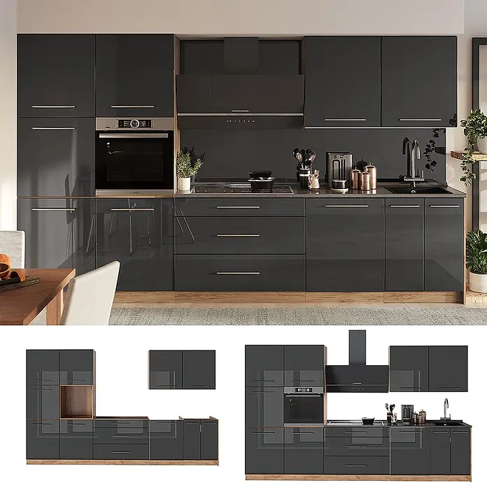 Vicco Küchenzeile - Anthrazit Hochglanz, Ohne Elektrogeräte - Moderne dunkelgraue Hochglanzküche mit integriertem Backofen, Kochfeld, Spüle und Dunstabzugshaube, mit Holzsockelleisten.