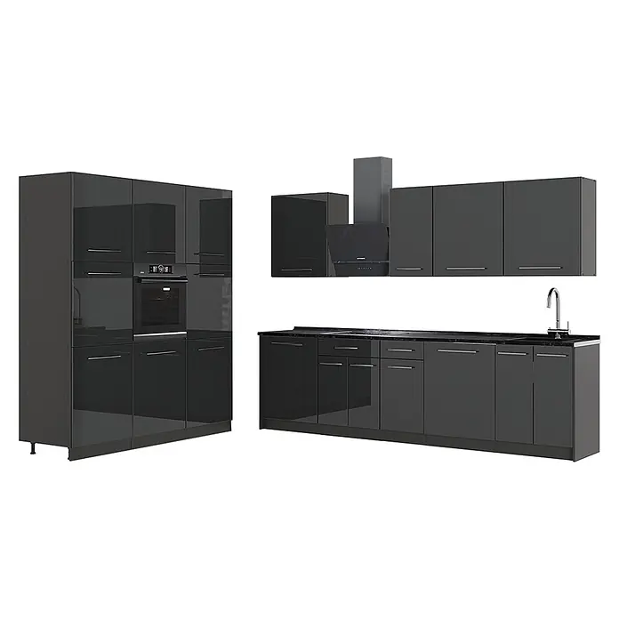 Vicco Küchenzeile - Anthrazit Hochglanz, Ohne Elektrogeräte - Moderne hochglanz anthrazitfarbene Küchenzeile mit Hochschrank, Ober- und Unterschränken, Backofen, Kochfeld, Spüle und Dunstabzugshaube.