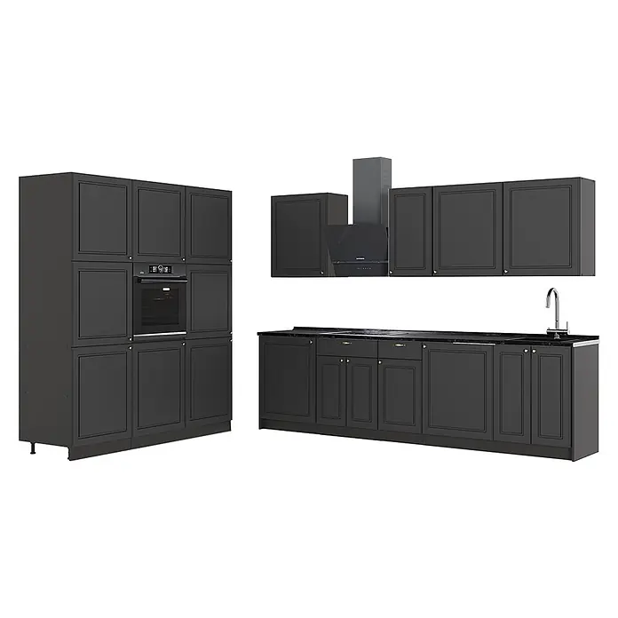 Vicco Küchenzeile - Breite: 460 cm, Anthrazit-Gold Landhaus, Ohne Elektrogeräte - Dunkelgraue modulare Küchenmöbel mit goldenen Griffen, integriertem Backofen, Kochfeld, Spüle und Dunstabzugshaube.