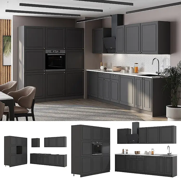 Vicco Küchenzeile - Breite: 460 cm, Anthrazit-Gold Landhaus, Ohne Elektrogeräte - Anthrazitgraue Küche mit integriertem Backofen und Spüle.