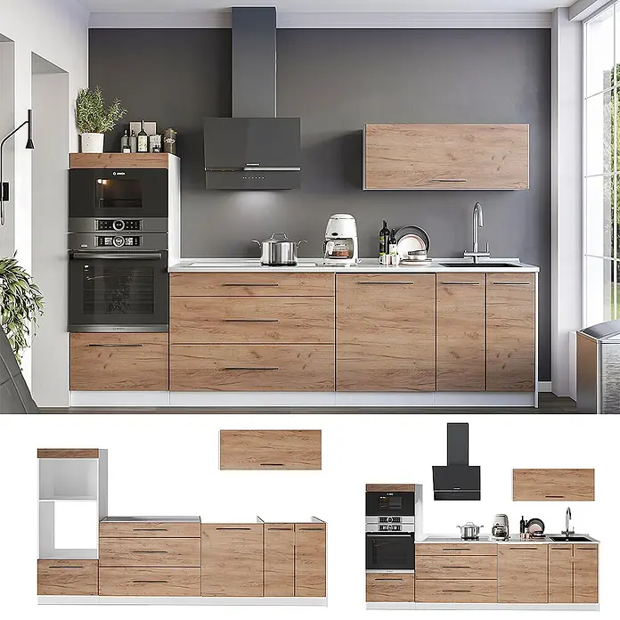 Vicco Küchenzeile - Breite: 280 cm, Goldkraft Eiche, Ohne Elektrogeräte - Moderne Küche mit Holzdekor-Unterschränken, weißer Arbeitsplatte, integrierten grauen Geräten und passenden Oberschränken.