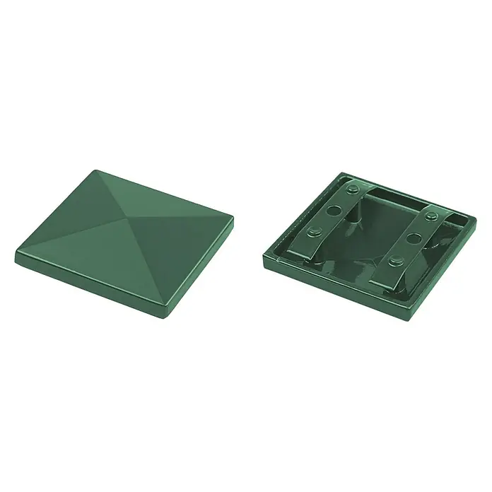 Deutsche Zauntechnik Pfostenkappe Alu Torpfosten - Aluminium, Passend für: Doppelstabmattenzäune, Moosgrün, 80 x 80 mm - Dunkelgrüne quadratische Zaunpfostenkappe mit Pyramidenform, Unterseite mit Befestigungsklammern.