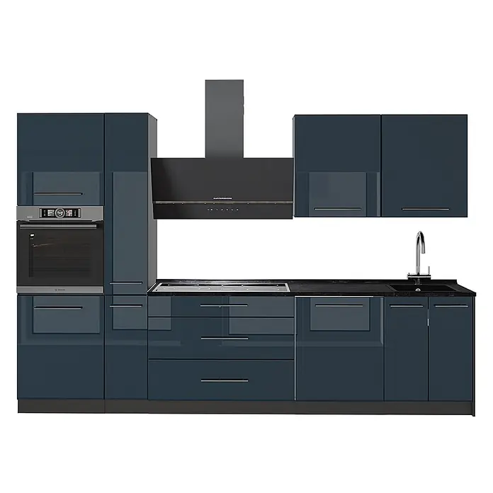 Vicco Küchenzeile - Dunkelblau Hochglanz, Ohne Elektrogeräte - Moderne dunkelblaue Hochglanzküche mit integriertem Backofen, Kochfeld, Spüle und schwarzer Dunstabzugshaube.