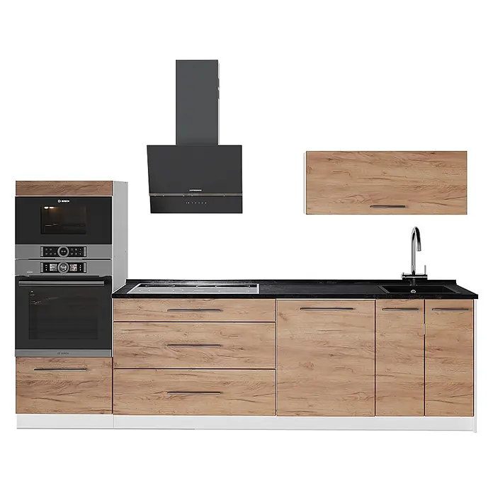 Vicco Küchenzeile - Breite: 280 cm, Goldkraft Eiche, Ohne Elektrogeräte - Moderne Küche mit hellen Holzschränken, schwarzer Arbeitsplatte, Einbauöfen, Kochfeld, Spüle und dunkler Dunstabzugshaube.