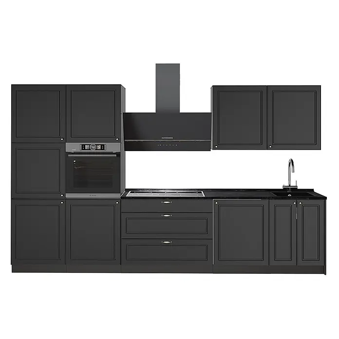 Vicco Küchenzeile - Breite: 340 cm, Anthrazit-Gold Landhaus, Ohne Elektrogeräte - Moderne dunkelgraue Küchenschränke mit integriertem Backofen, Induktionskochfeld, Dunstabzugshaube und Spüle.