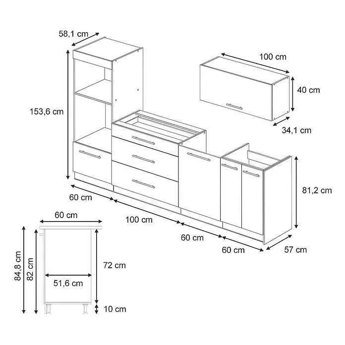 Vicco Küchenzeile - Breite: 280 cm, Dunkelblau Hochglanz, Ohne Elektrogeräte - Strichzeichnung einer modularen Küchenzeile in heller, neutraler Farbe mit verschiedenen Schränken und Maßen.