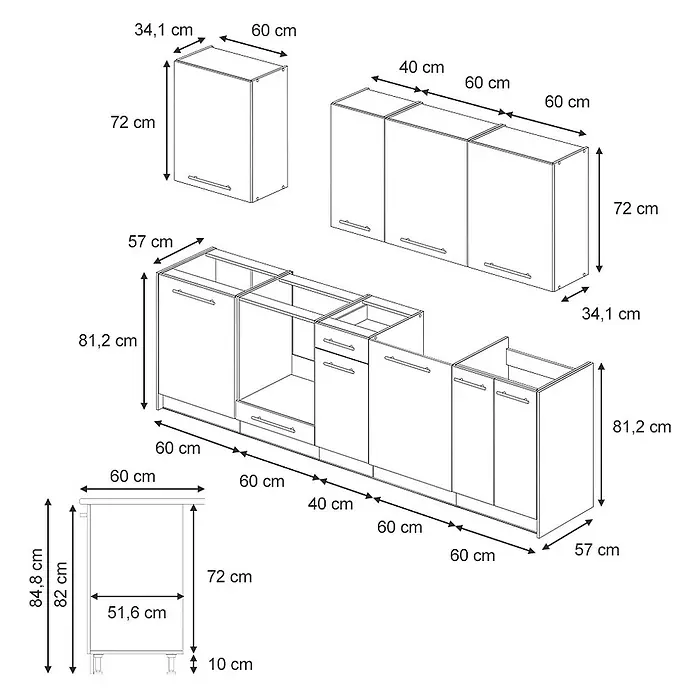 Vicco Küchenzeile - Breite: 280 cm, Goldkraft Eiche, Ohne Elektrogeräte - Technische Zeichnung von Küchenschrankeinheiten und Komponenten mit detaillierten Maßen für Breite, Tiefe und Höhe.