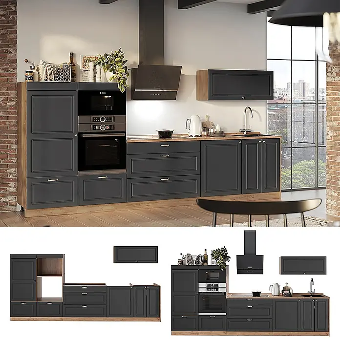 Vicco Küchenzeile - Breite: 340 cm, Anthrazit-Gold Landhaus, Ohne Elektrogeräte - Moderne dunkelgraue Küche mit Holzelementen, Einbaugeräten und einer Holz-Arbeitsplatte, bietet viel Stauraum.