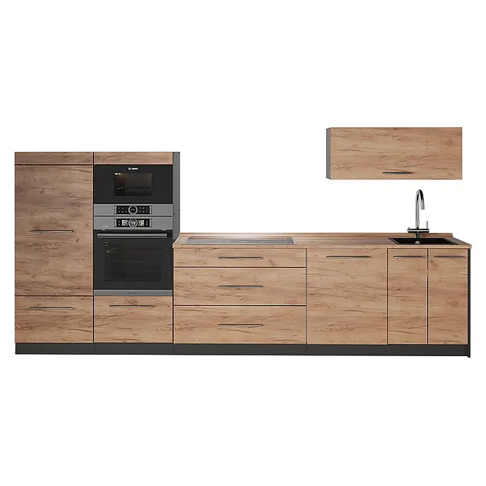 Vicco Küchenzeile - Breite: 340 cm, Goldkraft Eiche, Ohne Elektrogeräte - Modulare Küche mit Holzoptik-Schränken, integriertem Bosch Backofen/Mikrowelle, Induktionskochfeld und schwarzer Spüle mit Armatur.