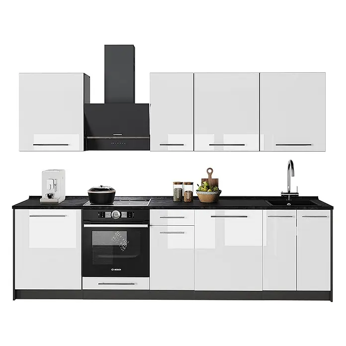Vicco Küchenzeile - Weiß Hochglanz, Ohne Elektrogeräte - Moderne Küchenzeile mit weißen Hochglanzschränken, schwarzer Arbeitsplatte, Backofen, Kochfeld, Spüle und Dunstabzugshaube.