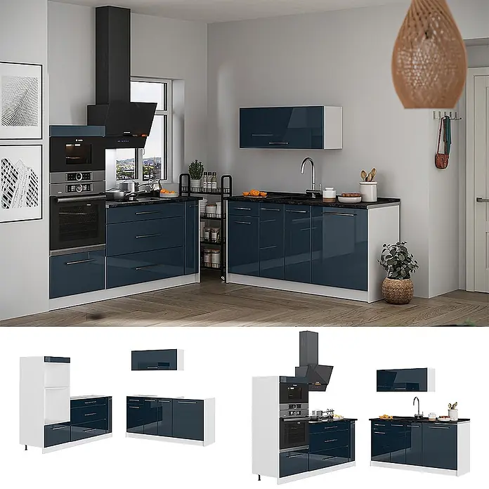 Vicco Küchenzeile - Breite: 340 cm, Dunkelblau Hochglanz, Ohne Elektrogeräte - Moderne Küchenzeile mit glänzend dunkelblauen Schränken, weißem Sockel und schwarzen Arbeitsplatten, inklusive integriertem Backofen, Kochfeld und Spüle.