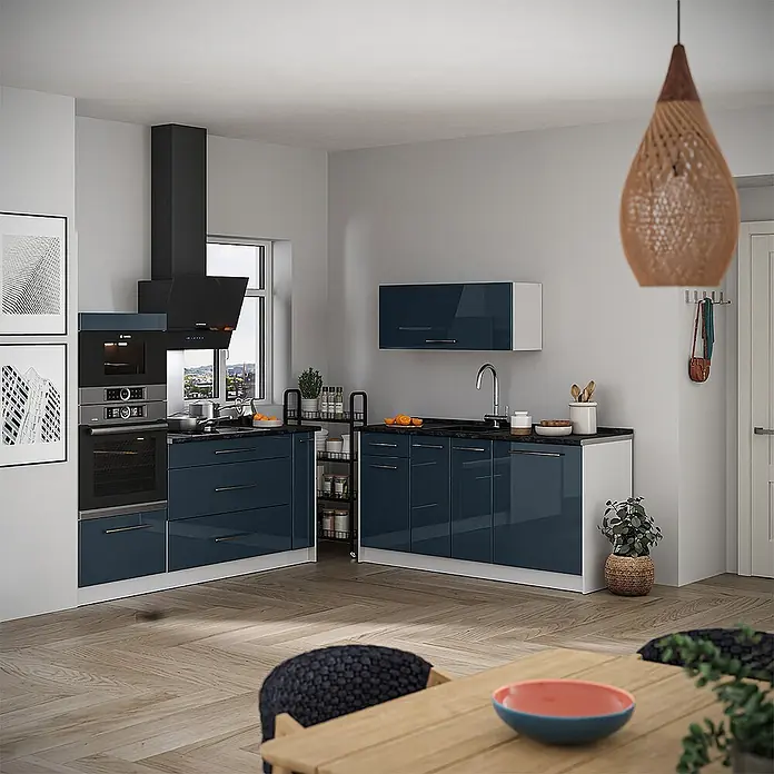 Vicco Küchenzeile - Breite: 340 cm, Dunkelblau Hochglanz, Ohne Elektrogeräte - Moderne Küche mit glänzenden dunkelblauen Schränken und integrierten Geräten, L-förmig angeordnet für optimale Funktionalität.