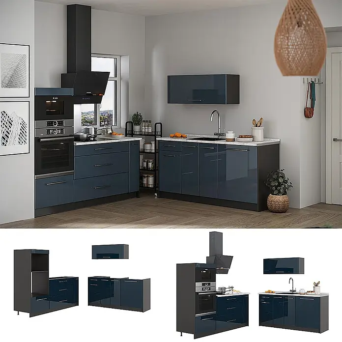 Vicco Küchenzeile - Dunkelblau Hochglanz, Ohne Elektrogeräte - Moderne, dunkelblaue Hochglanz-Küchenzeile mit Einbaugeräten in eleganter L-Form, ideal für zeitgemäße Küchen.