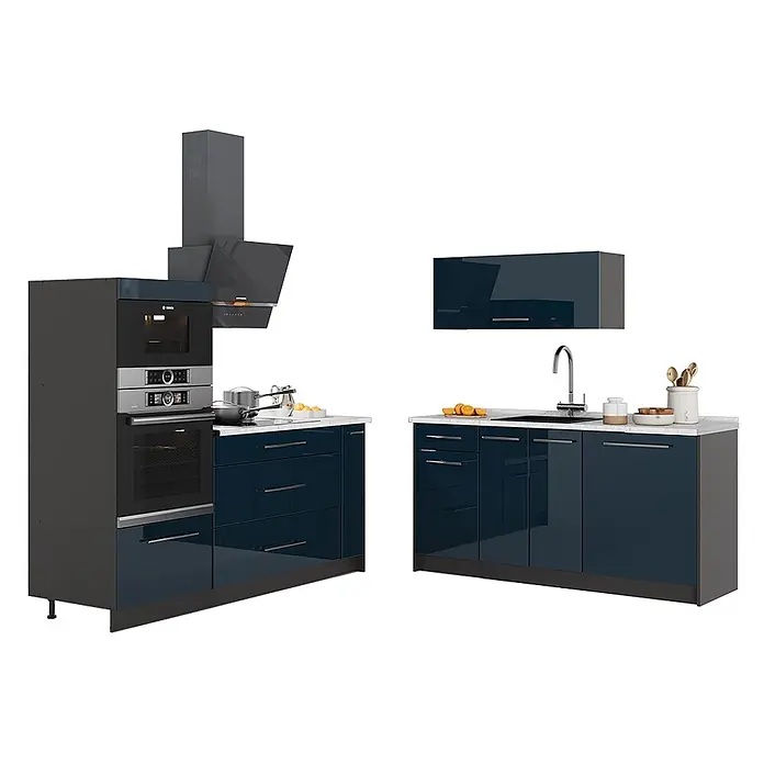 Vicco Küchenzeile - Dunkelblau Hochglanz, Ohne Elektrogeräte - Moderne dunkelblaue Küche mit integriertem Backofen, Kochfeld, Dunstabzug, Spüle und glänzenden Schränken.