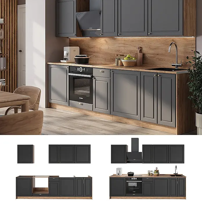 Vicco Küchenzeile - Breite: 280 cm, Anthrazit-Gold Landhaus, Ohne Elektrogeräte - Dunkelgraue Küchenschränke mit Holzarbeitsplatte und Rückwand, inklusive integriertem Backofen, Kochfeld und Spüle.