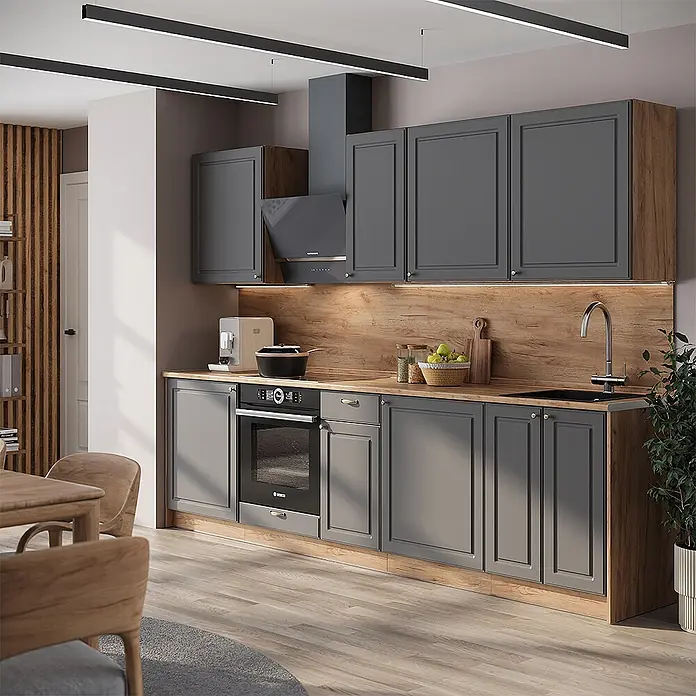 Vicco Küchenzeile - Breite: 280 cm, Anthrazit-Gold Landhaus, Ohne Elektrogeräte - Moderne Küche mit dunkelgrauen Schränken, heller Holztheke und -rückwand, komplett mit integrierten Geräten.