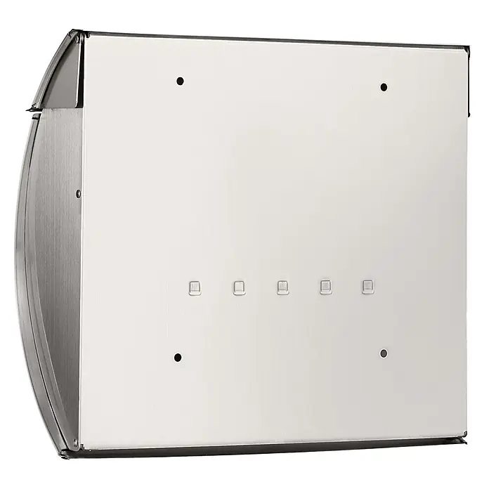 Burg-Wächter Wandbriefkasten Toscana 3856 Ni - L x B x H: 10,6 x 37,6 x 33 cm, Silber, Edelstahl, Öffnungsstopp - Briefkasten aus gebürstetem Edelstahl, Seiten- und Rückansicht, mit heller Rückwand und Befestigungspunkten.