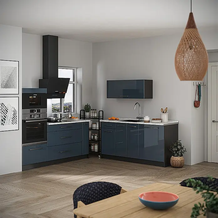 Vicco Küchenzeile - Dunkelblau Hochglanz, Ohne Elektrogeräte - Moderne L-förmige Küche mit tiefblauen Hochglanzschränken, hellen Arbeitsplatten und integrierten schwarzen Geräten. Mit Spüle, Kochfeld, Ofen, Dunstabzug.
