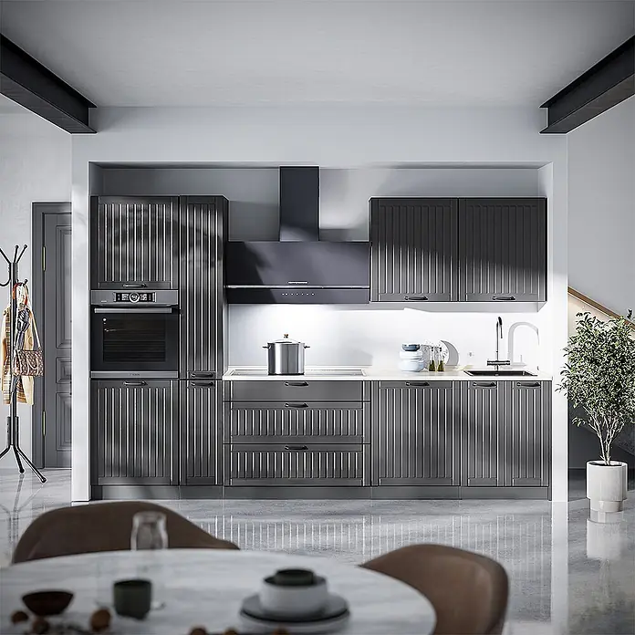 Vicco Küchenzeile - Breite: 310 cm, Dunkelgrau, Ohne Elektrogeräte - Moderne dunkelgraue Küchenschränke mit geriffelten Türen, integriertem Backofen, Kochfeld und Dunstabzugshaube.
