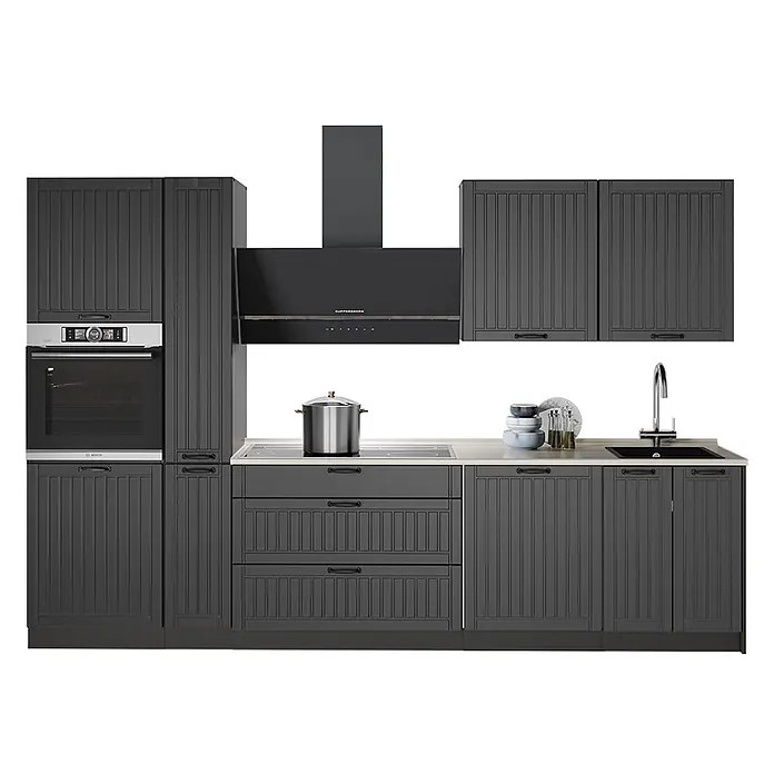 Vicco Küchenzeile - Breite: 310 cm, Dunkelgrau, Ohne Elektrogeräte - Dunkelgraue Küche mit vertikal gerillten Schränken, integriertem Backofen, Kochfeld, Dunstabzugshaube und Spüle.
