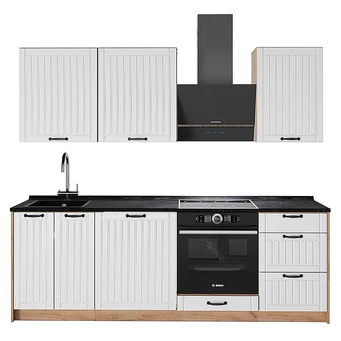 Vicco Küchenzeile - Breite: 230 cm, Weiß Landhaus, Ohne Elektrogeräte - Weiße Küchenzeile mit gerillten Türen, schwarzer Arbeitsplatte, Spüle, Kochfeld, Backofen und Dunstabzugshaube. Mit schwarzen Griffen und Holzsockel.