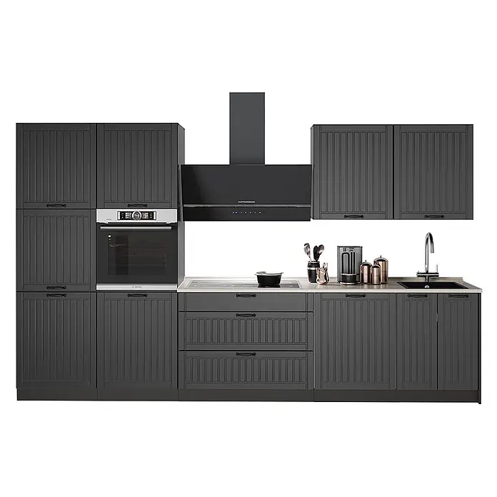 Vicco Küchenzeile - Breite: 340 cm, Dunkelgrau, Ohne Elektrogeräte - Dunkelgraue Küchenschrank-Set mit geriffelten Türen, integriertem Backofen, Kochfeld, Dunstabzugshaube und Spüle.