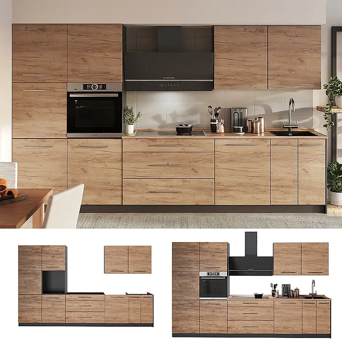 Vicco Küchenzeile - Goldkraft Eiche, Ohne Elektrogeräte - Helle Holzoptik-Küchenzeile mit integriertem Backofen, Kochfeld und Spüle.