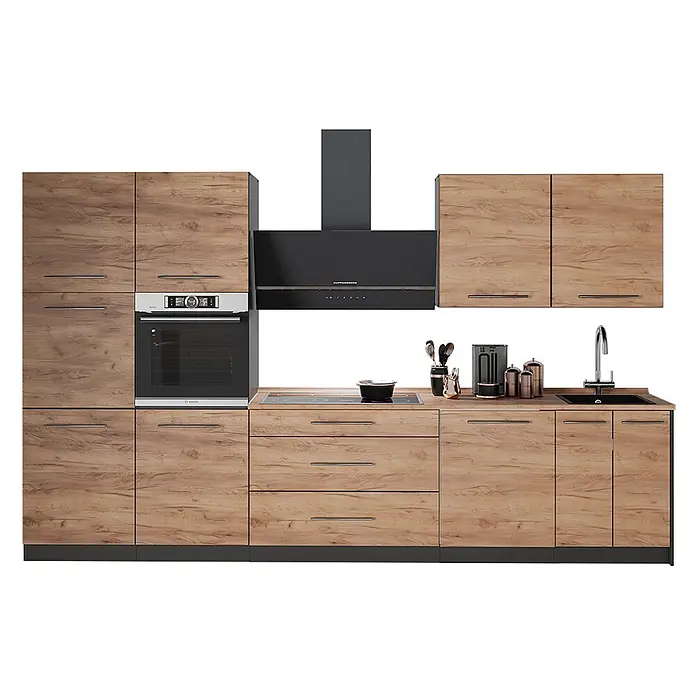Vicco Küchenzeile - Goldkraft Eiche, Ohne Elektrogeräte - Moderne Küchenzeile mit Holzmaserung, dunklen Geräten, Ofen, Kochfeld, Haube und Spüle.