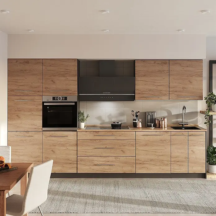 Vicco Küchenzeile - Goldkraft Eiche, Ohne Elektrogeräte - Moderne Küche mit hellen Eicheneffekt-Schränken, integriertem Backofen, Kochfeld, Spüle und schwarzer Dunstabzugshaube.
