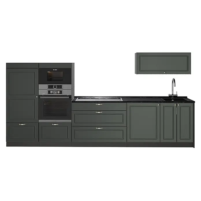 Vicco Küchenzeile - Breite: 340 cm, Grün-Gold Landhaus, Ohne Elektrogeräte - Dunkelgraue Küchenschrank-Garnitur mit integriertem Backofen, Mikrowelle, Kochfeld, Spüle und goldfarbenen Griffen.
